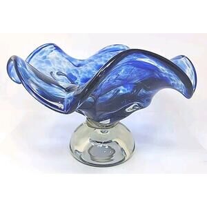 Vintage Murano Glass Bowl Ruffled Dish Cobalt Blue Heavy 12” D Abt U147